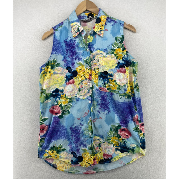 TAKEAWAY Top Womens L Floral Print Sleeveless Shirt Blouse Cotton Blue Vintage - Picture 1 of 10